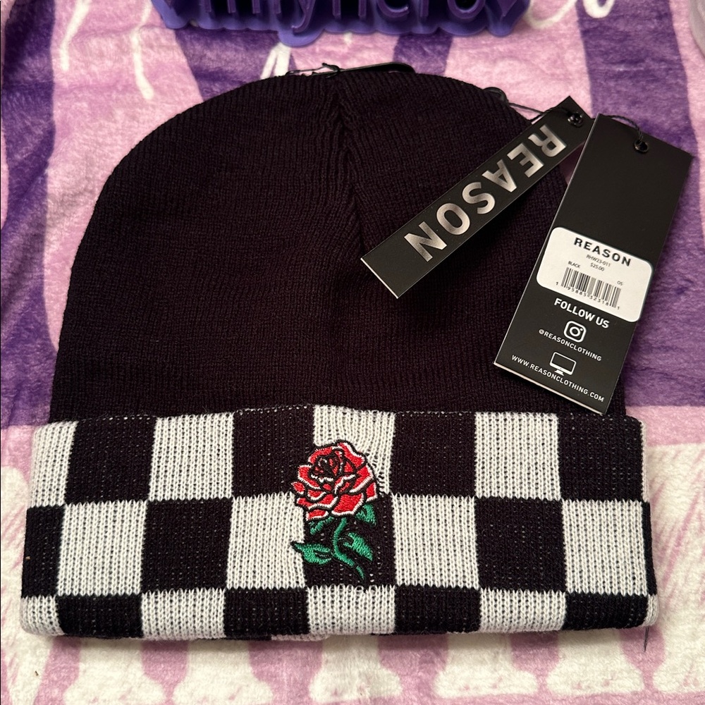Reason brand Beanie Rose embroidered Checkered pattern